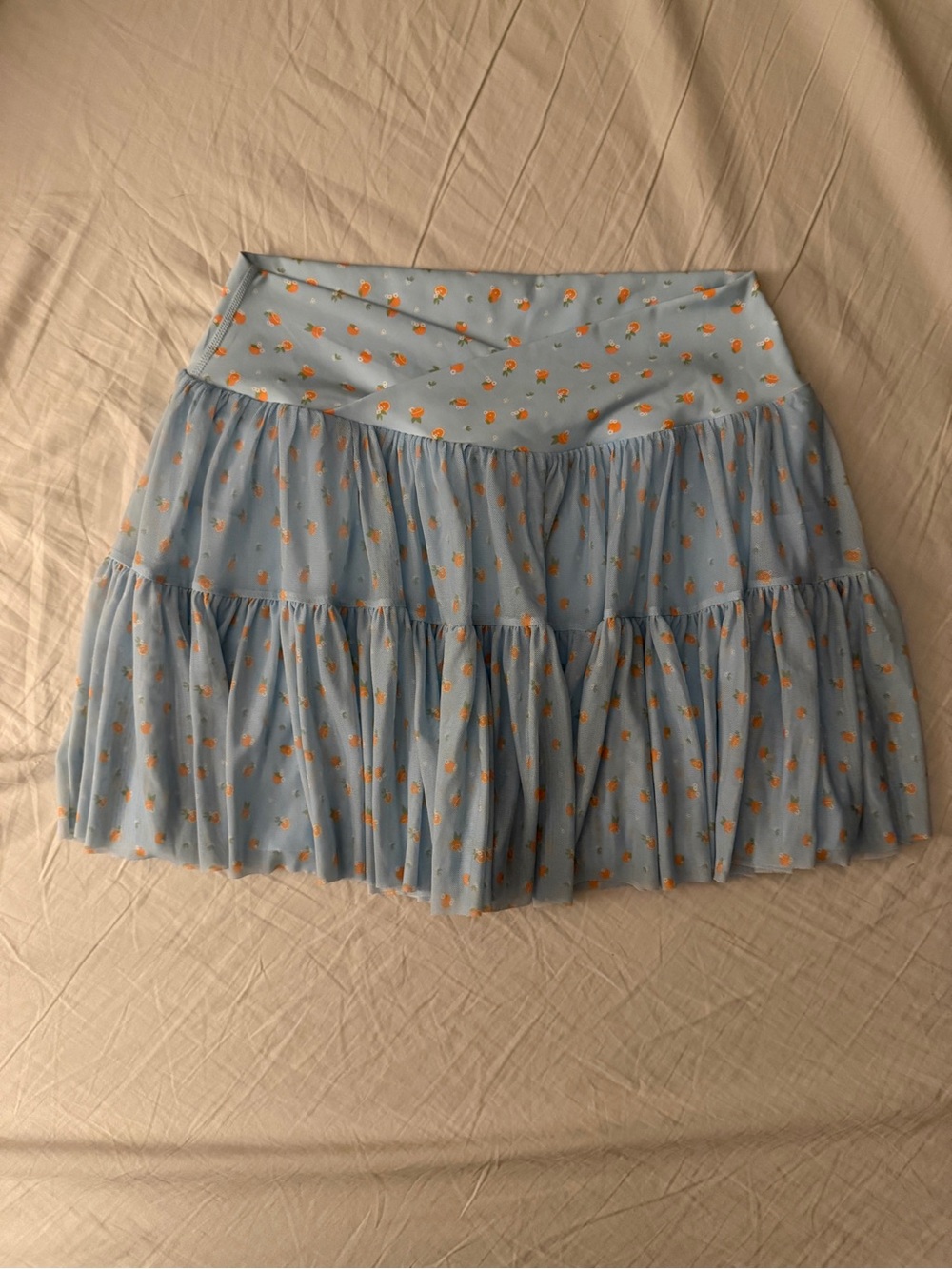 Blogilates Blue Athletic Mini Skirt/Skort with Oranges Pattern • Size L